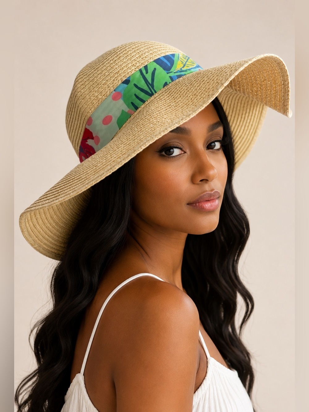 Steve Madden Sun Hat with Tropical Floral Silk Scarf